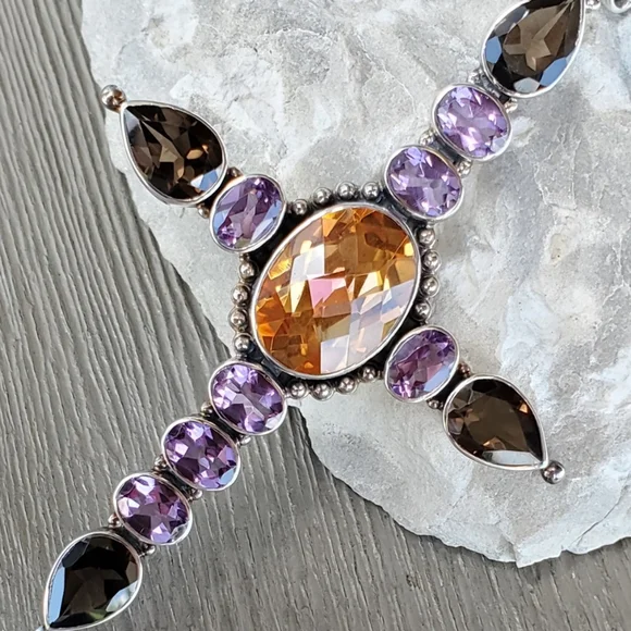 NICKY BUTLER NB 925 Sterling Silver Amethyst Smoky Quartz Cross Pendant Necklace - Picture 7 of 12